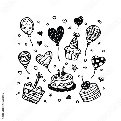 Monochrome hand-drawn celebration balloons and cake