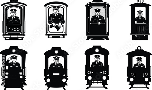 train conductor illustration set, locomotive front view, uniform character, vintage and modern trains, black vector transportation design
