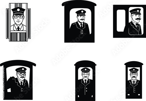 train conductor illustration set, booth portrait, uniform character, station attendant, black and white vector, transportation theme