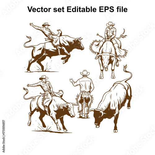 Vector art of dynamic vector illustrations capturing the thrill of rodeo action, featuring cowboys riding bucking bulls and horses in various poses, presented as an editable eps file set