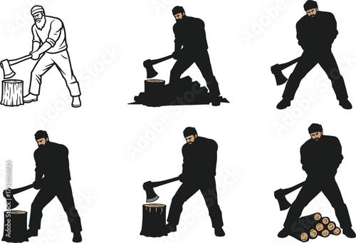 wood chopping illustration, axe swing, lumberjack pose, firewood cutting, outdoor activity, muscular figure, black vector drawing set