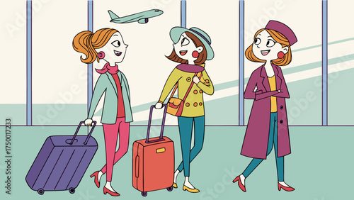 Cartoon travelers with makeup and stylish outfits holding luggage at bright airport terminal 