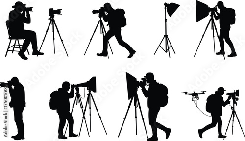 photographer silhouette set, tripod camera, studio lighting, drone photography, outdoor shoot, black vector illustration, professional poses