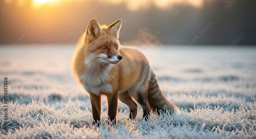 Fototapeta premium Majestic Fox Standing in Frosty Winter Field at Sunrise
