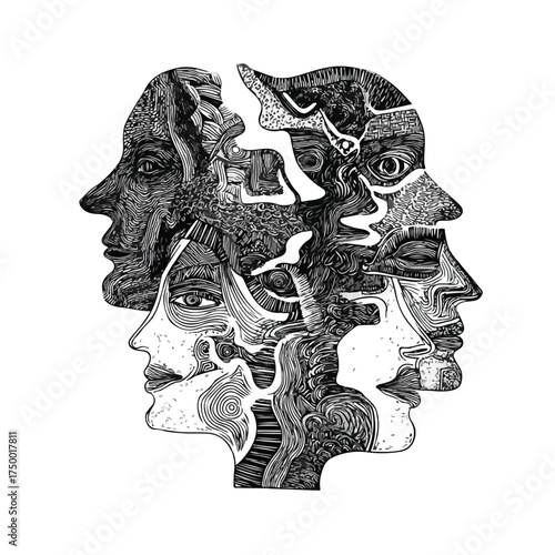 Abstract Monochrome Human Profile Doodles