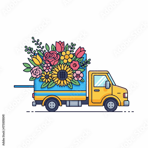 Flower delivery, featuring colorful truck with fresh flowers, symbolizes spring's arrival, blooming colors and delivery of joy. Flower delivery illustration shows flowers like roses, tulips,
