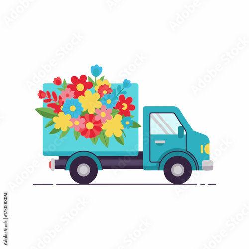 Floral delivery service with truck and flowers conveys springtime joy. Truck carrying flowers, with daisies, roses and greenery, symbolizes a fresh bloom delivery.