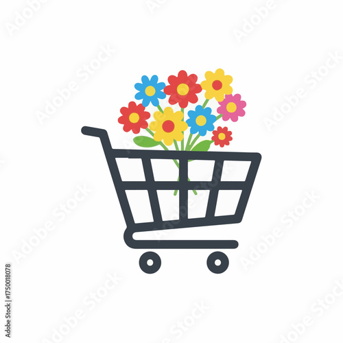 Shopping cart with flowers, a simple shopping cart illustration filled with vibrant floral arrangement on white backdrop. Shopping cart full of flowers for flower delivery service.