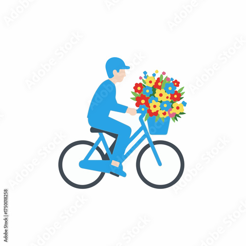 Bike delivery service with man on bicycle carrying colorful bouquet in front basket. Bike delivery is a modern solution for fast order.