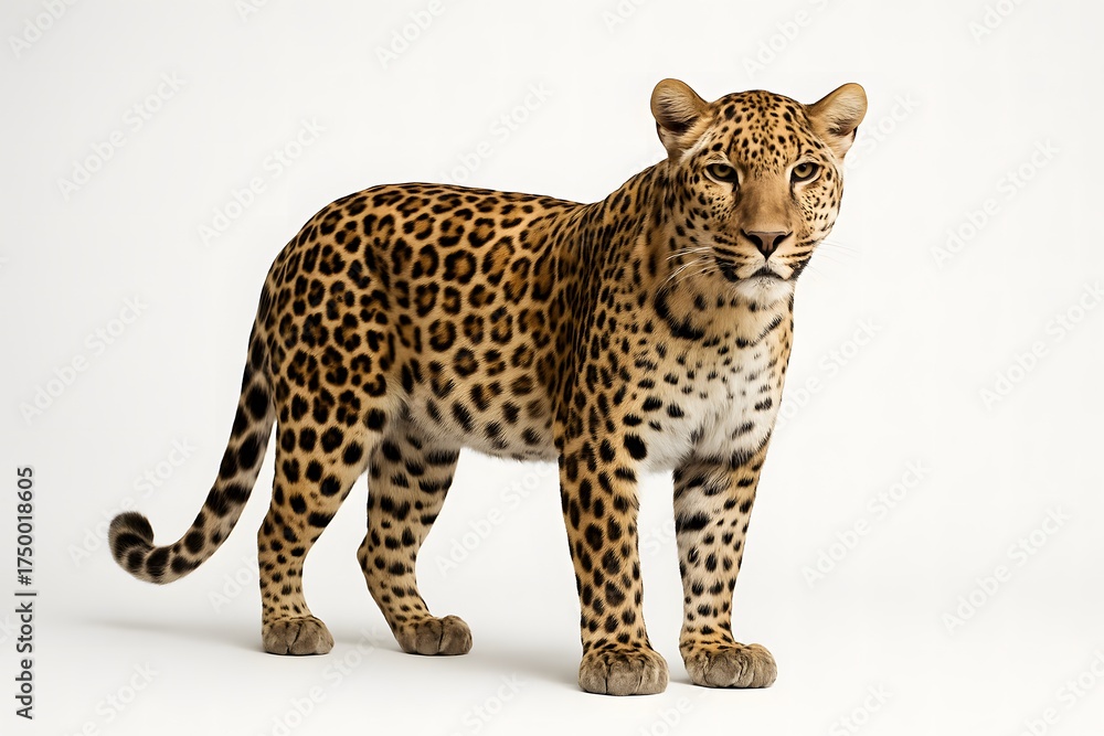 Obraz premium Studio portrait of a leopard standing on a pure white background with detailed spotted fur and no shadows.