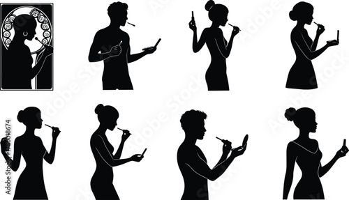 Makeup application silhouette, beauty routine, cosmetic tools, lipstick, mascara, compact mirror, black figure, vector illustration, grooming pose, artistry