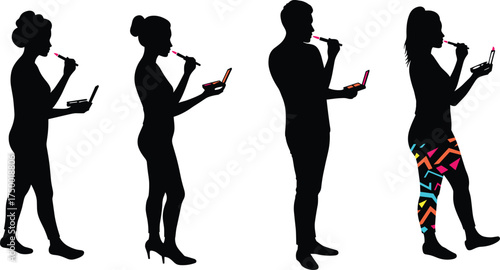 Lipstick application silhouette, gender diversity, makeup pose, compact mirror, black figure, vector illustration, beauty routine, fashion expression, identity
