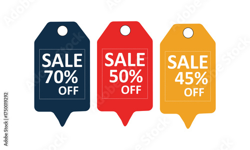 Flat design sale tags set with bold red, orange, and navy colors displaying 45 percent off discount on clean white background