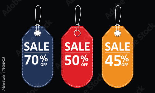 Flat design sale tags set with bold red, orange, and navy colors displaying 45 percent off discount on clean white background