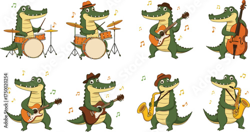 Cartoon alligators, playing instruments, music band, guitar, saxophone, trumpet, drum set, musical notes, fun scene, entertainment art