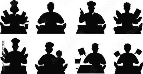 Silhouette chefs, cooking poses, kitchen utensils, food preparation, chef hats, family cooking, culinary art, seated figures, black icons, meal scene
