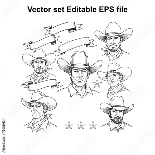 Vector art of a collection of handdrawn cowboy portraits, featuring various expressions and hats, along with decorative banners and stars