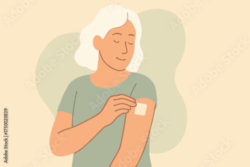 Illustration of a woman placing a small hormone replacement therapy patch on her upper arm.