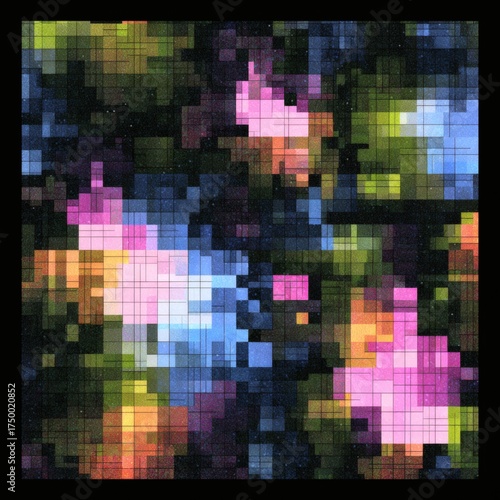 Pixelated Flora: An abstract composition, featuring a mosaic of colorful squares forming a floral pattern, evoking a sense of digital artistry and vibrant aesthetics.