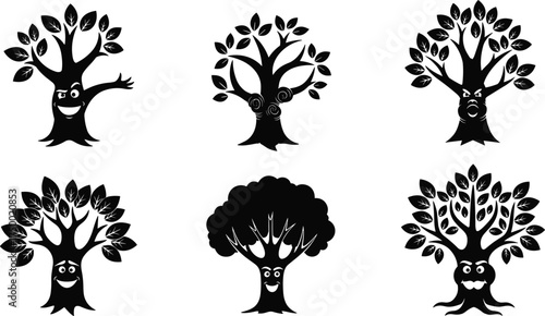 Anthropomorphic tree silhouettes, whimsical cartoon forest characters, expressive trunk faces, fantasy botanical art, decorative nature icons, creative vector illustration,