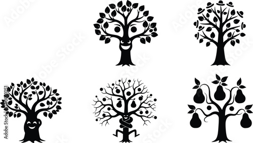 Anthropomorphic tree silhouettes, whimsical cartoon forest characters, expressive trunk faces, fruit tree icons, fantasy botanical art, decorative nature symbols, creative vector illustration set