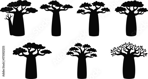 Baobab tree silhouette collection, African flora illustration, thick trunk iconic trees, black vector artwork, exotic tropical forest design, educational botanical drawing