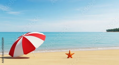 Serene Tropical Beach Scene with Red and White Umbrella and Starfish