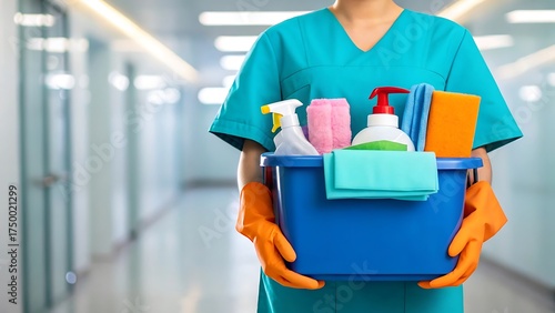 Person in teal scrubs and orange gloves holding a blue bucket full of cleaning supplies in a hallway