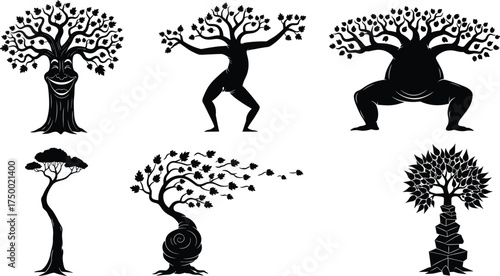 Black silhouette cartoon trees with faces, abstract forest characters, whimsical nature art, creative anthropomorphic plants, modern eco design, educational children illustration