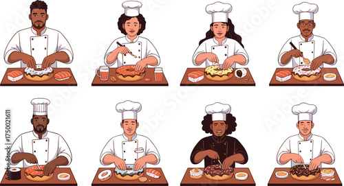 Chefs cooking sushi, burgers, pizza, cake, food preparation, culinary team, kitchen staff, gourmet meals, restaurant, professional cuisine