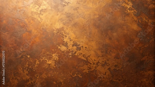 Close up of weathered copper metal with rich patina and textured abstract patterns in warm tones