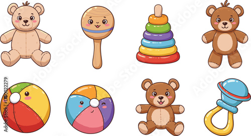 Cartoon children’s toys, teddy bears, stacking rings, rattles, beach balls, pacifier, colorful design, playful illustration, cute vector art, character