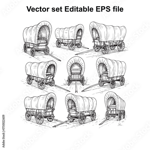 Vector art of collection of nine black and white illustrations of covered wagons, , editable eps file, representing historical transport
