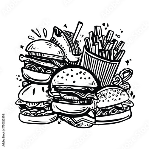 Monochrome Burger and Fries Minimalist Sketch