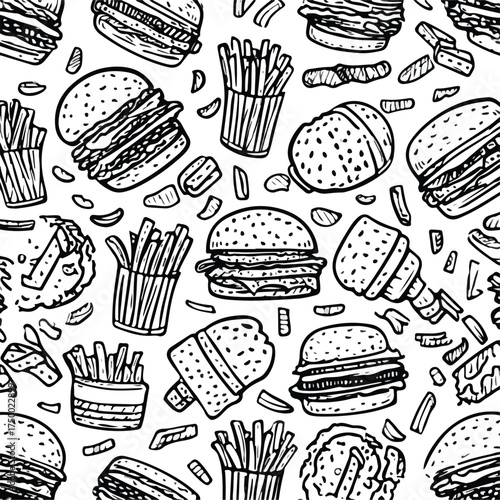 Monochrome Fast Food Doodle Pattern Design