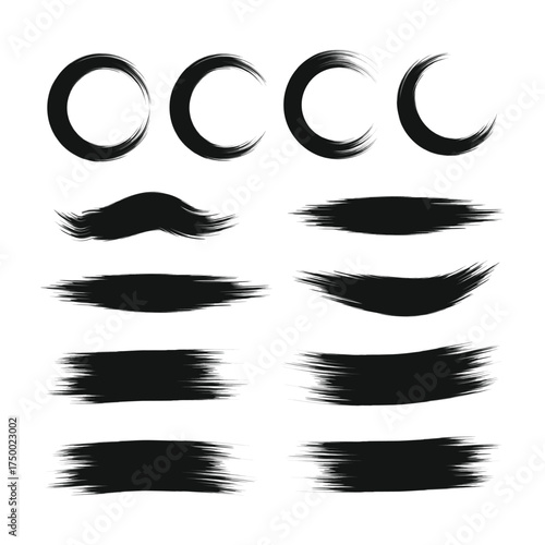 Collection of black ink brush strokes and abstract circular shapes