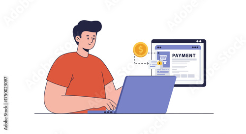 Man paying online with laptop, payment page on screen, coin.