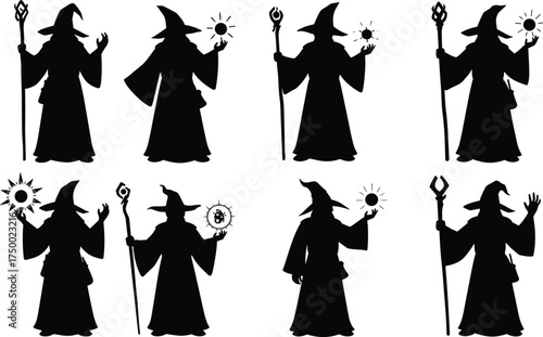 Wizard silhouettes with staffs, magical orbs and symbols, fantasy sorcerer characters, mystical poses, spell casting illustration, vector art, design