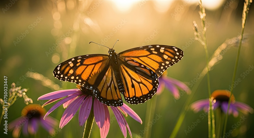 Fototapeta premium Monarch Butterfly Resting on Purple Coneflower in Golden Sunlight