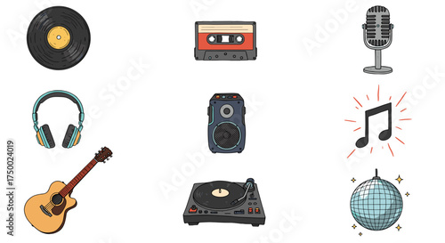 Retro Music Icons Set with Vintage Audio Equipment and Symbols Isolated on Transparent Background
