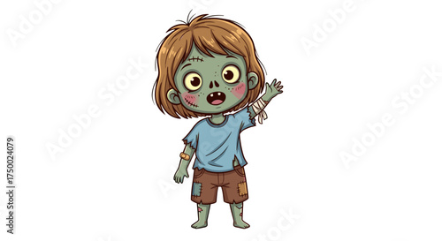 Adorable cute cartoon zombie child character waving happily isolated on transparent background for Halloween fun
