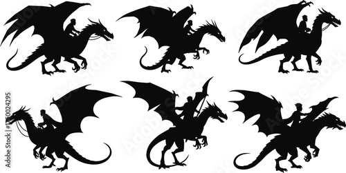 Dragon rider silhouettes, flying dragons, fantasy creatures, winged beasts, sword riders, tail motion, epic flight, mythical illustration, battle pose