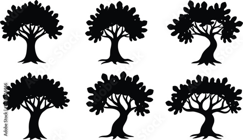 Tree silhouette collection, diverse forest illustration, black vector artwork, unique trunk and canopy designs, educational botanical drawing, creative nature stock art