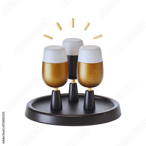 Three stylized golden drinks with white foam are presented on a dark round serving tray with a bright glow