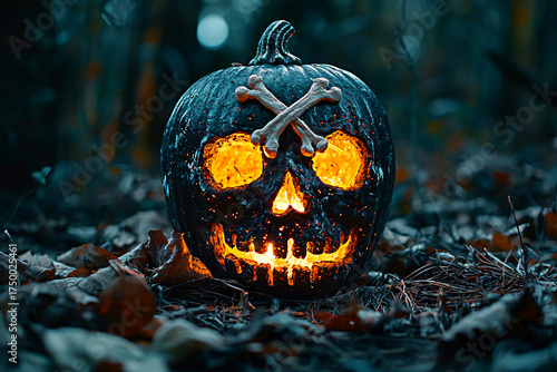 AI Generated - Jack-o'-lantern with a skull and crossbones carved into it, surrounded by dried leaves on the ground and a blurred background. Commercial illustration artwork for business applications.