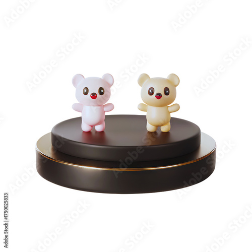 Two adorable pink and beige cartoon bears stand happily together on a dark round podium