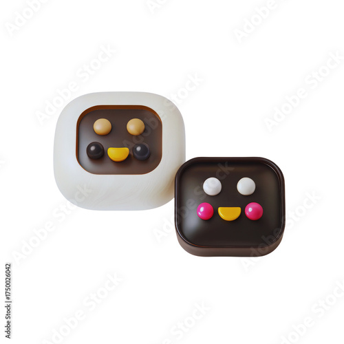 Two adorable square shaped characters with happy faces in white and brown colors float in the dark