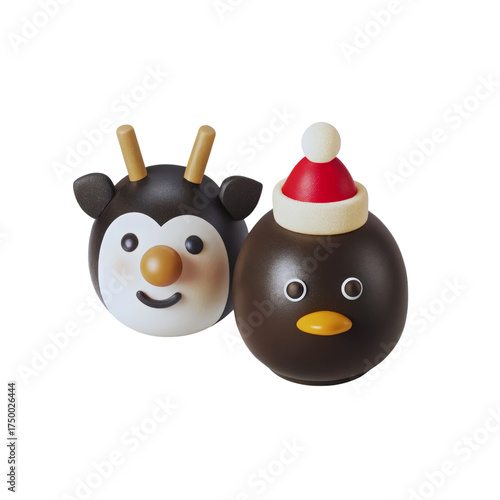 Two charming round characters a reindeer and a penguin wearing a Santa hat pose together