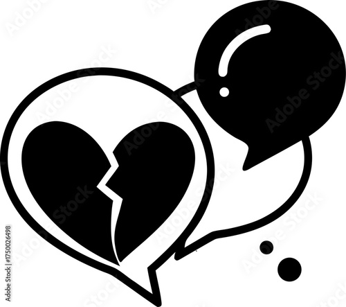 Chat bubbles floating around a broken heart icon silhouette  vector black , white background