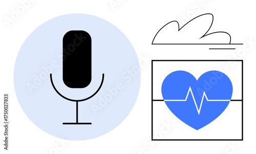 Microphone and heart with heartbeat graph surrounded by minimal shapes. Ideal for healthcare, AI, diagnostics, wellness, telemedicine, innovation, communication. Represents a simple flat metaphor